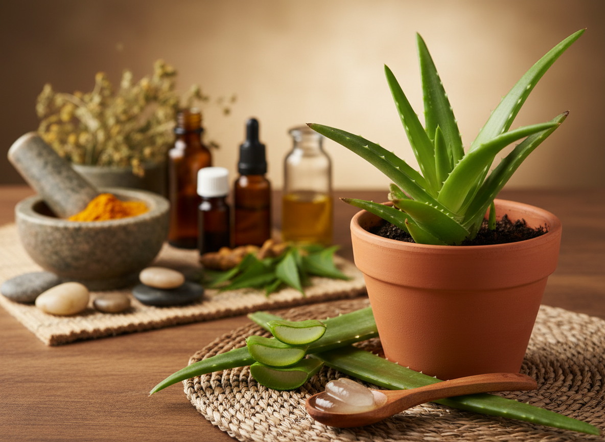 Biljka aloja u saksiji sa ajurvedskim biljkama i kašika sa svežim aloe vera gelom.