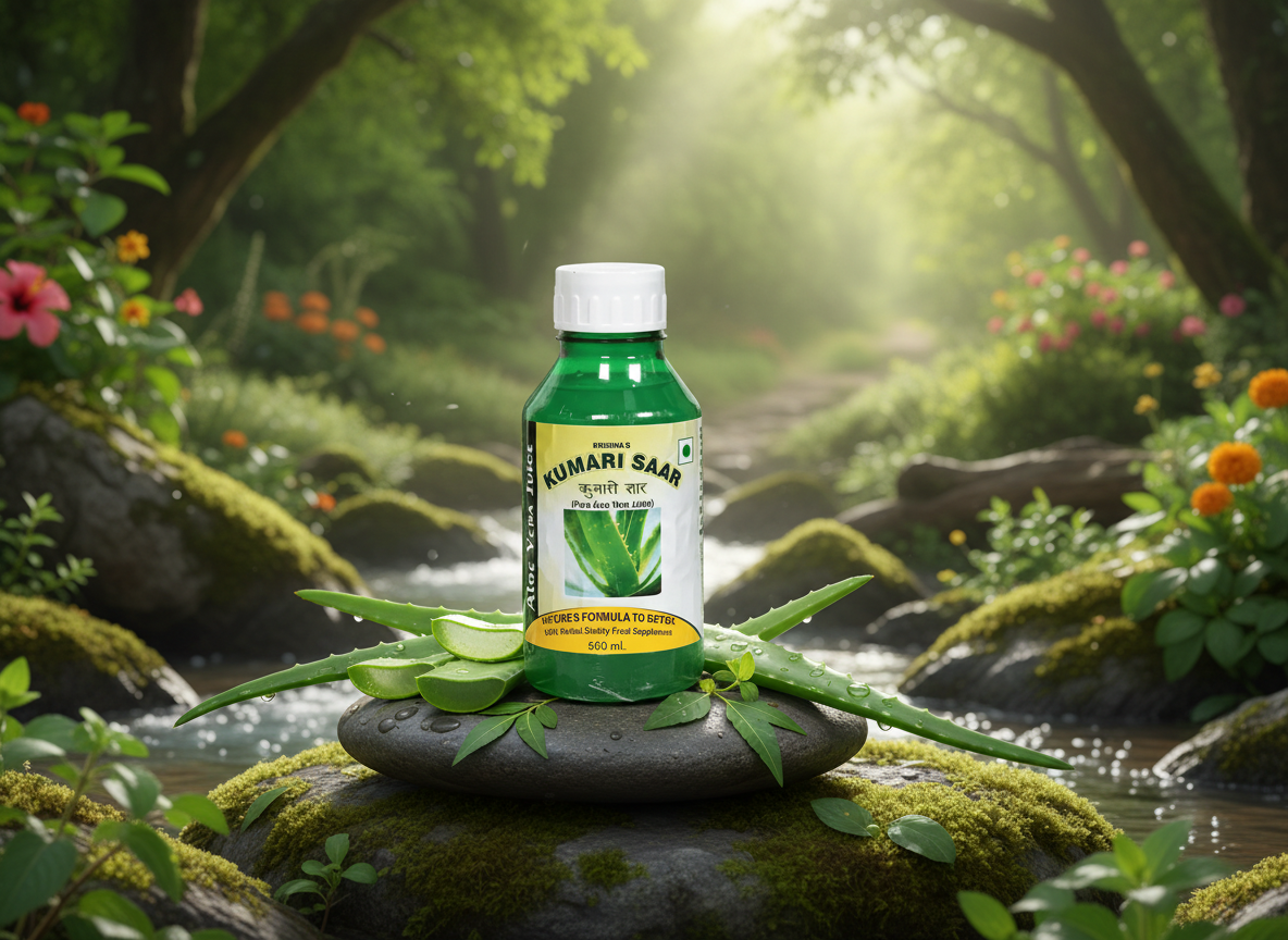 Flaša Kumari Saar soka od aloe postavljen u prirodno okruženje kao premium aloe vera gel proizvod.