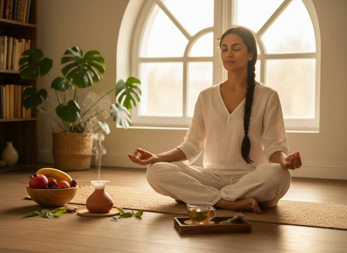 Jutarnja meditacija i relaksacija kao deo dnevne rutine za hormonalni balans.